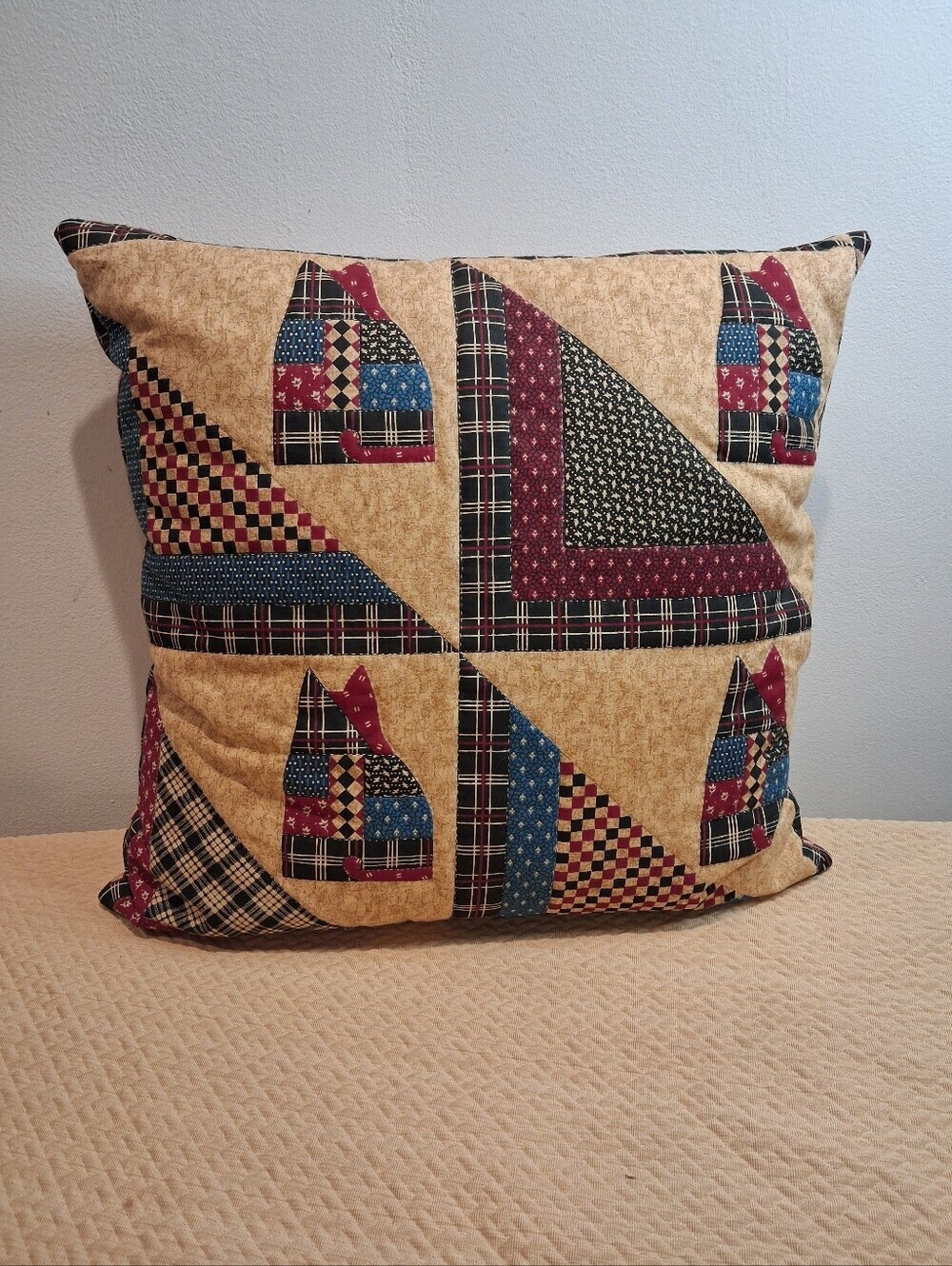 Handmade Patchwork Quilt Cat Throw Pillow 16x16